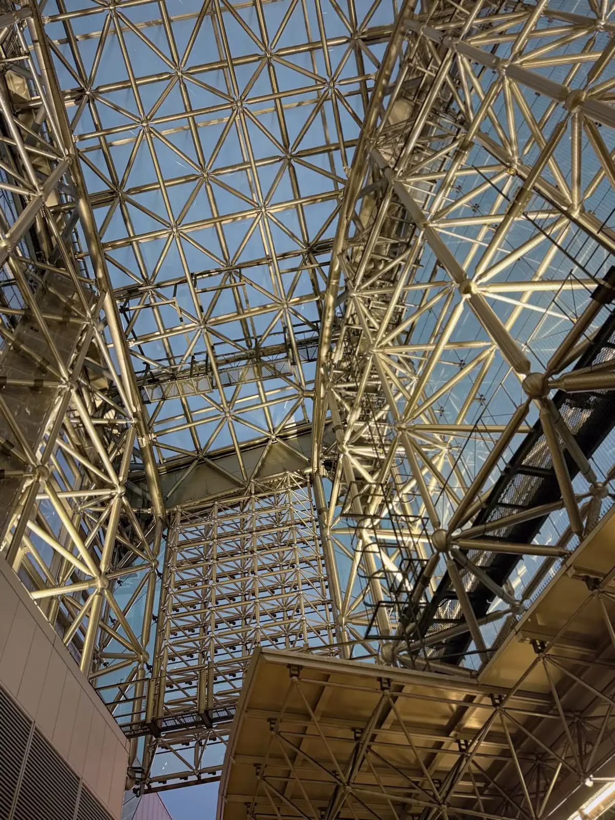 Looking up at the steel frame of the Motenashi Dome in the evening, where the curved roof meets the flat glass wall at the end.