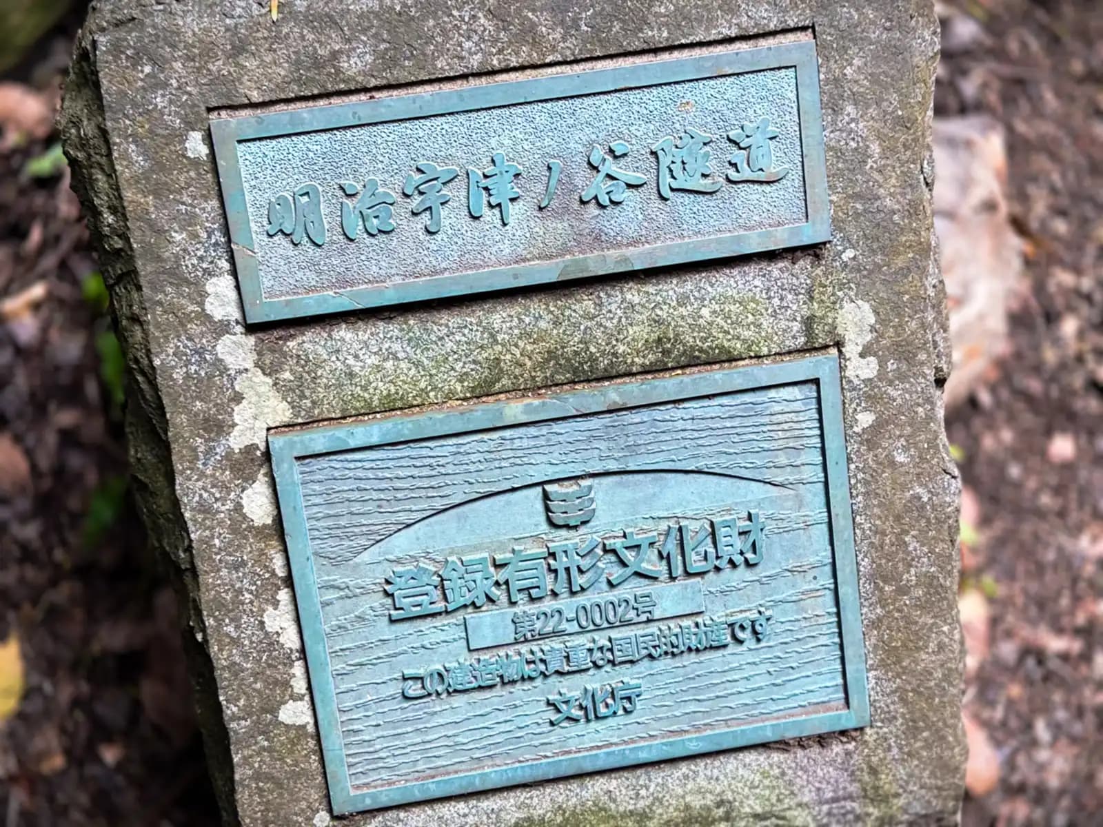 The marker for the tunnel: "Meiji Utsunoya Tunnel," a Registered Tangible Cultural Property (No. 22-0002).