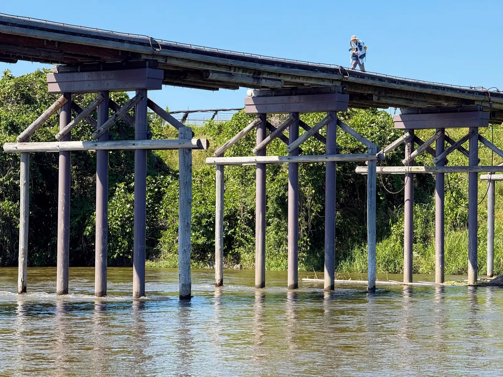 A lone hiker crosses while the piers stand knee-deep in the summer river.