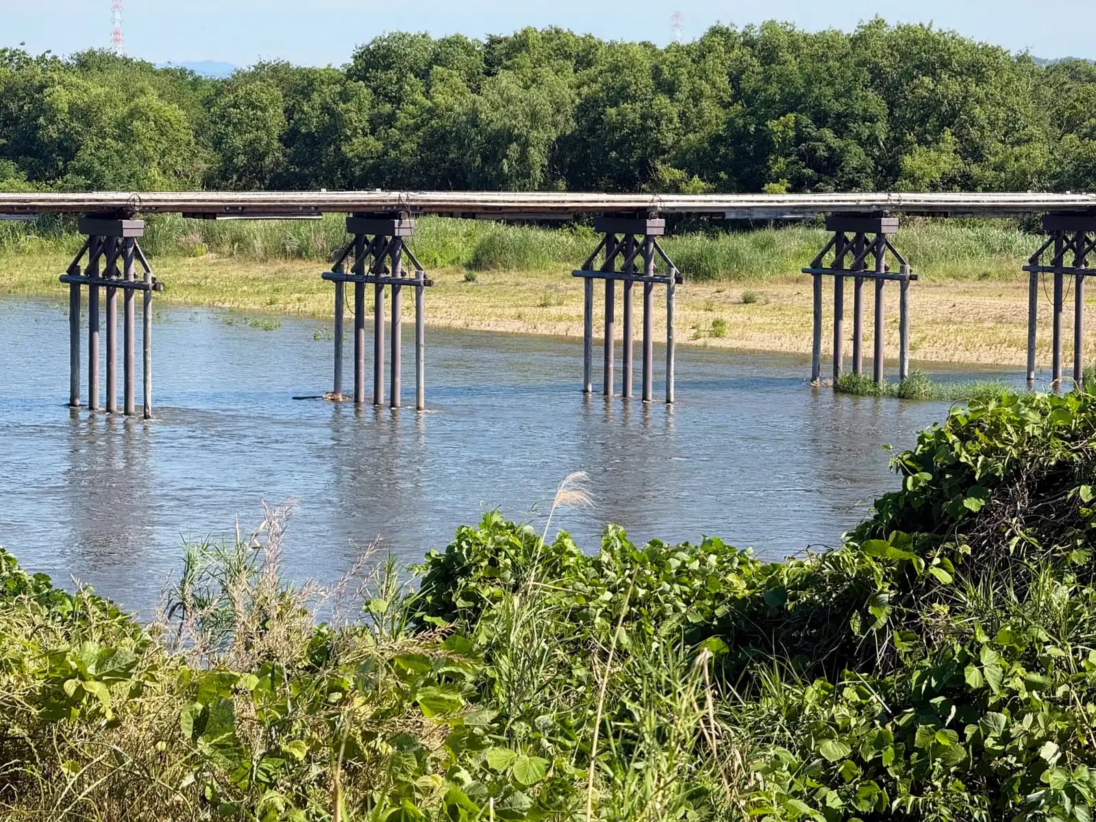 From the green bank, the bridge crosses a swollen Kizu, its piers standing well out in the current.