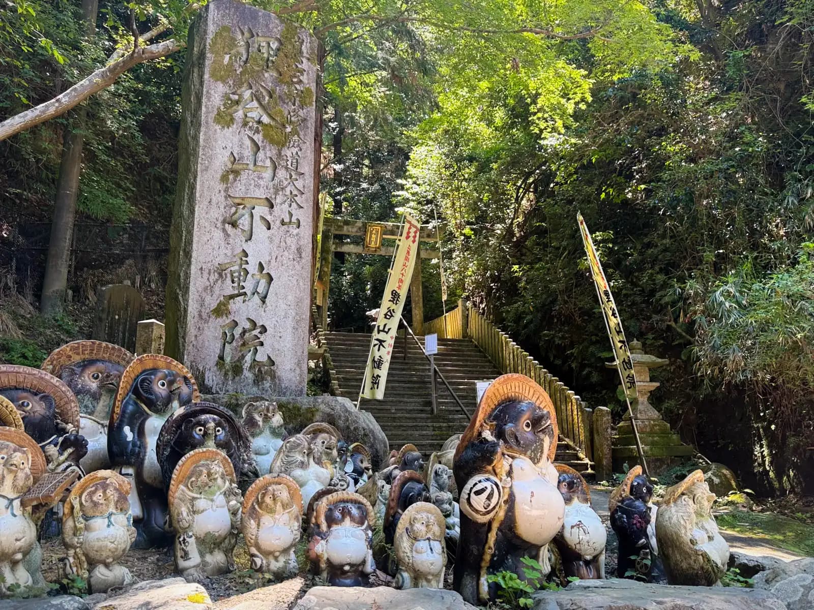 The entrance: a stone pillar reading Tanukidani-san Fudō-in, banners leading up the steps, and ranks of tanuki standing guard.
