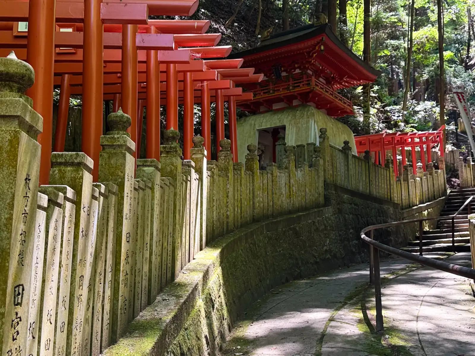 A tunnel of vermilion torii curving past moss-covered donor stones toward a red shrine pavilion.
