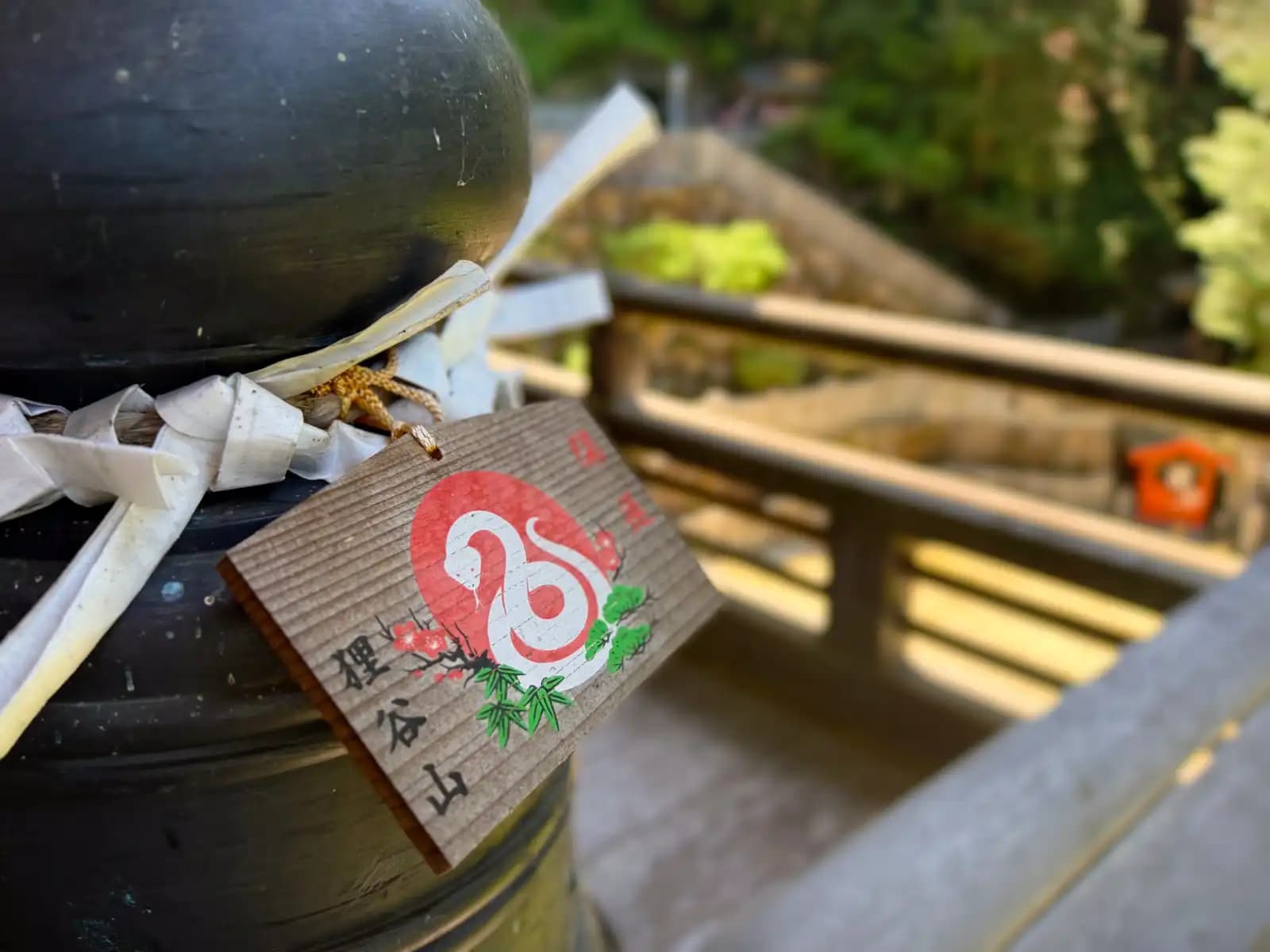 A snake-year ema tied to the veranda railing, the Tanukidani-san name inked down its side.