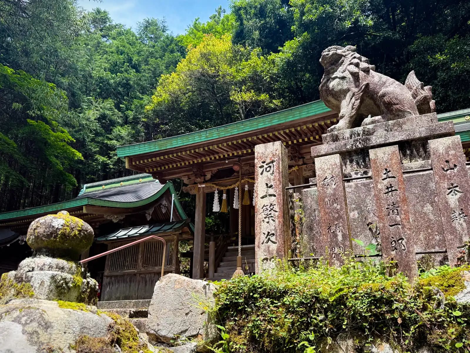 Sunlight on a komainu above inscribed donor pillars, the halls and their shimenawa behind, backed by the wooded slope.