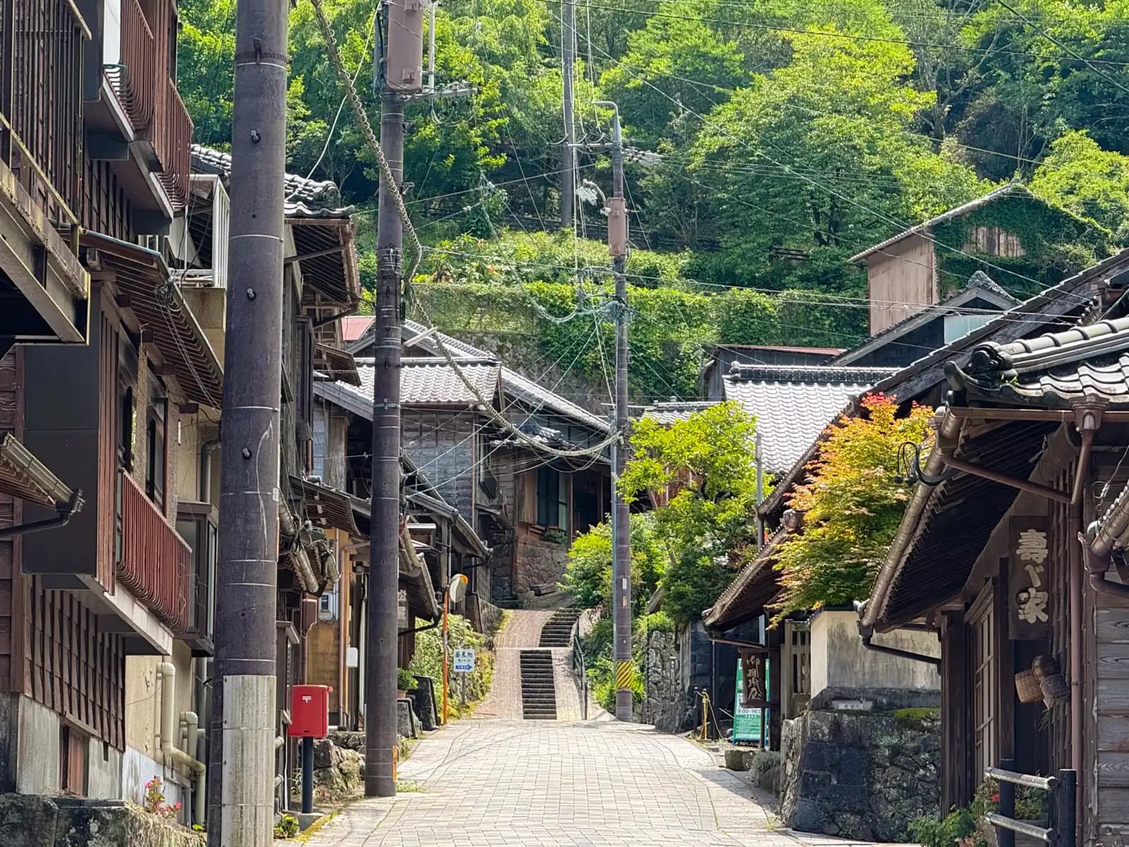 Looking up the village lane toward the stone steps. Old houses and power poles on both sides, green hillside above.