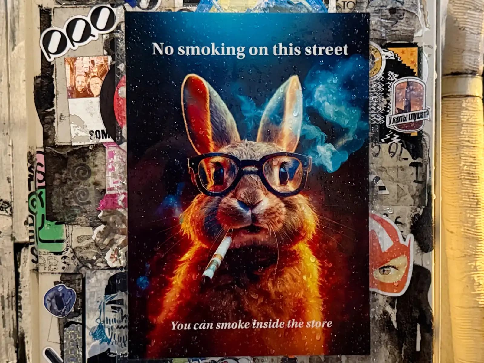 A rain-spotted poster of a rabbit in glasses smoking a cigarette: "No smoking on this street. You can smoke inside the store."
