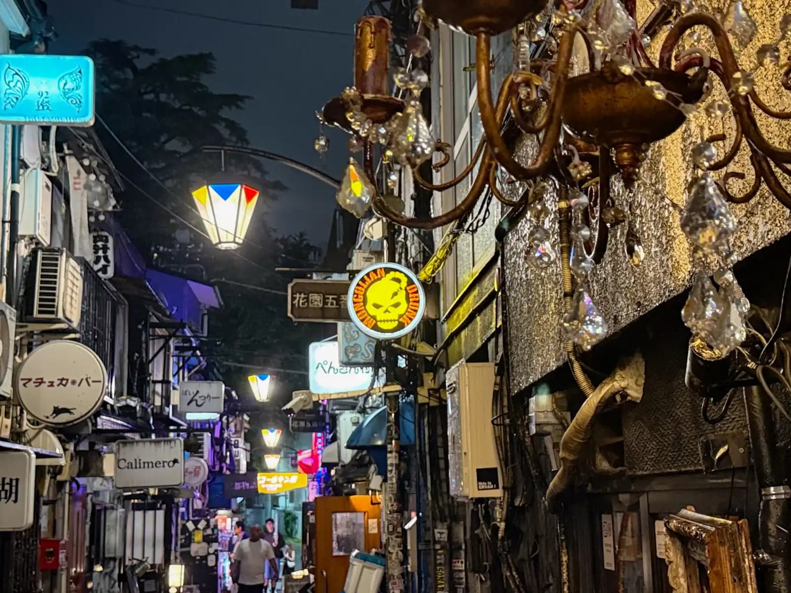 A dusty crystal chandelier outside Bar Albatross hangs over the alley, with a skull sign, Calimero and the Hanazono 5-bangai sign further down.