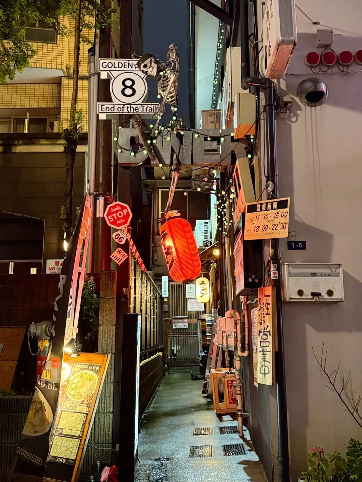 A wet side alley at night with a red paper lantern, a skeleton hanging off the signs and a "Golden 8 End of the Trail" sign up top.