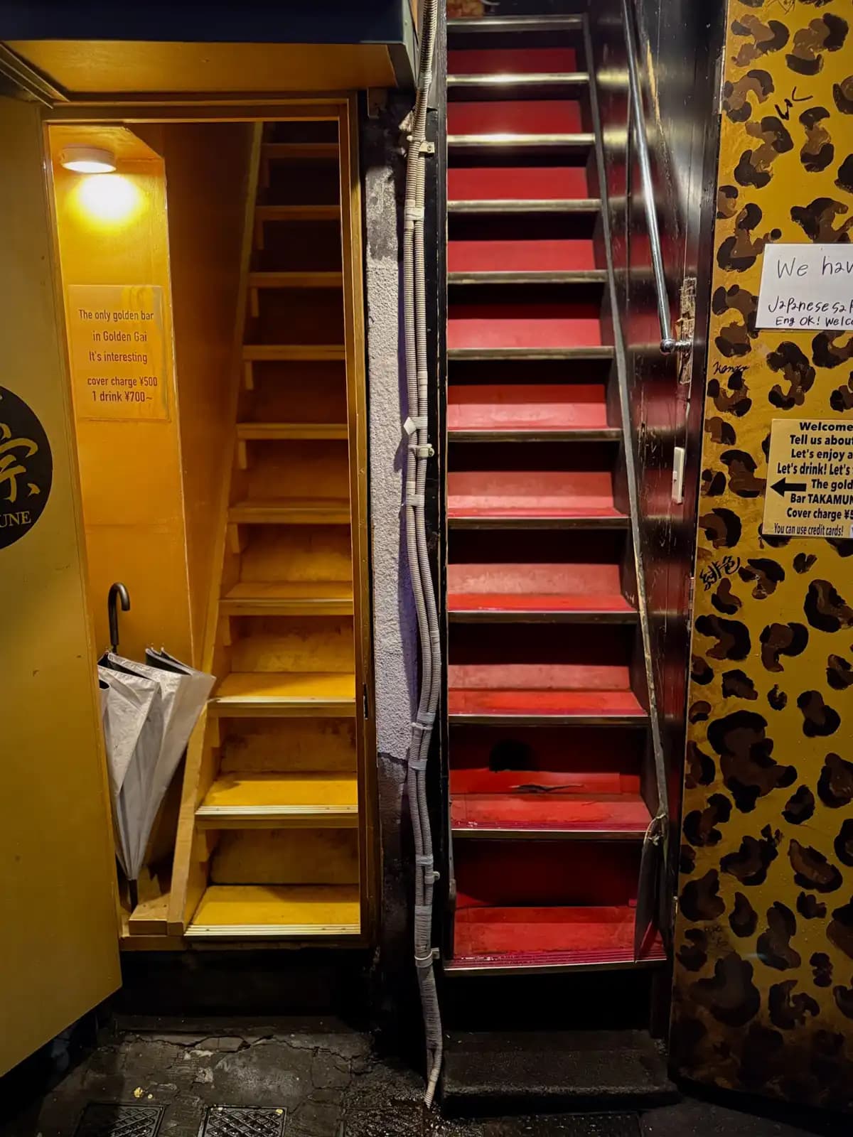 Two staircases side by side: a yellow one with a sign listing the cover charge, and a red one next to a leopard-print wall for Bar Takamune.