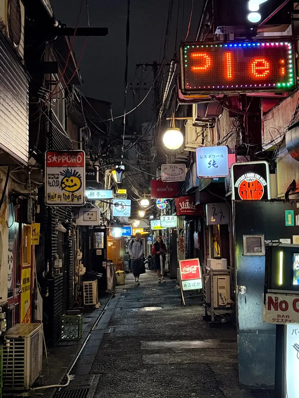 A wet Golden Gai alley at night lined with signs, from Hair of the Dogs on the left to Slow Hand on the right, with a couple passing through.
