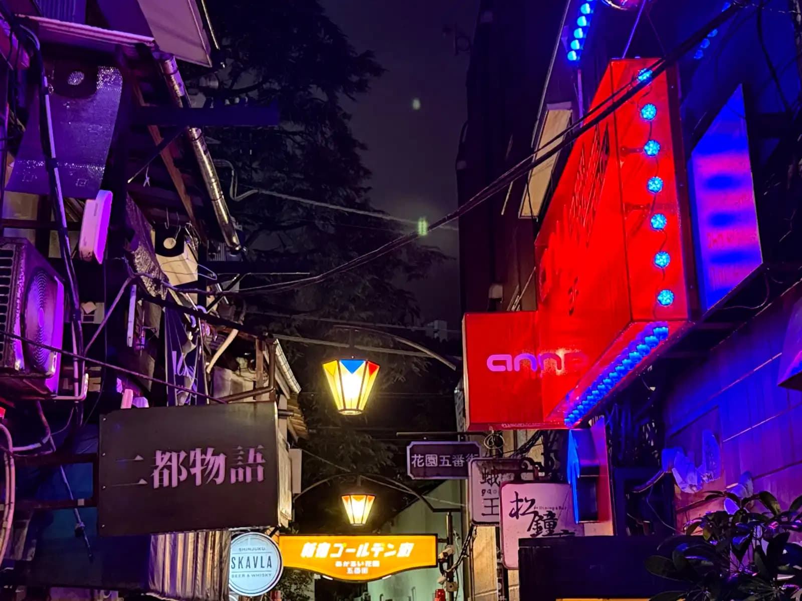Looking down the Hanazono Gobangai lane toward the yellow Shinjuku Golden Gai sign, with a bright red sign and colored lanterns overhead.