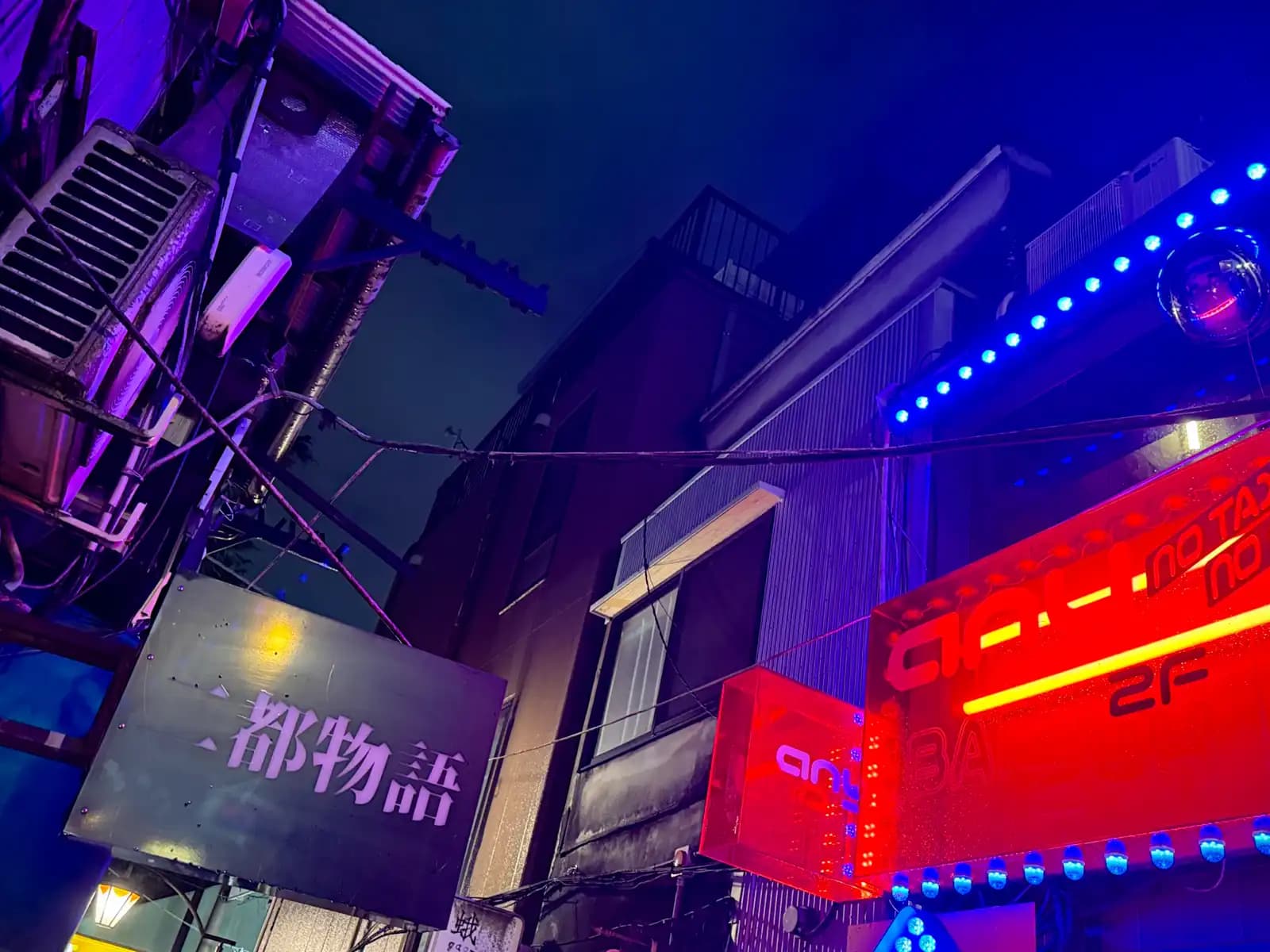 The red "any" sign, lined with blue lights, advertises no tax and no charge on the second floor, across from the Nito Monogatari sign.