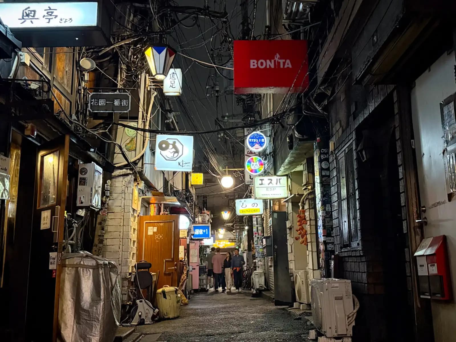 Hanazono Ichibangai at night, packed with signs like Bonita and ESP, with a few people chatting down the alley.